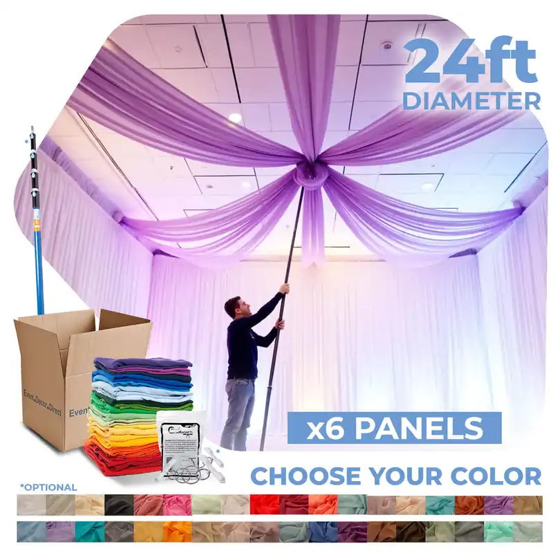 6 Panel Kit - Prefabricated Complete Ceiling Drape Kit - 24ft Diameter - Select Drop, Fabric & Color! Exclusive Offer