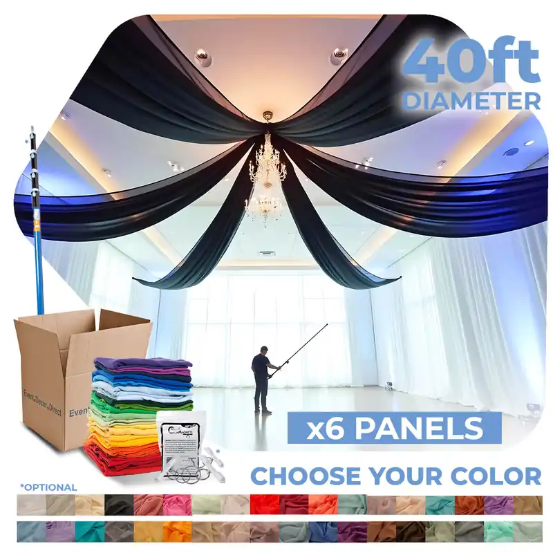 One Day Deal 6 Panel Kit - Prefabricated Complete Ceiling Drape Kit - 40ft Diameter - Select Drop, Fabric & Color!