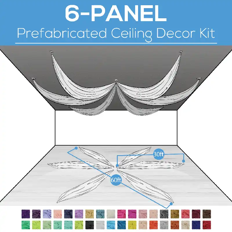 6 Panel Kit - Prefabricated Complete Ceiling Drape Kit - 60ft Diameter - Select Drop, Fabric & Color! Must Have
