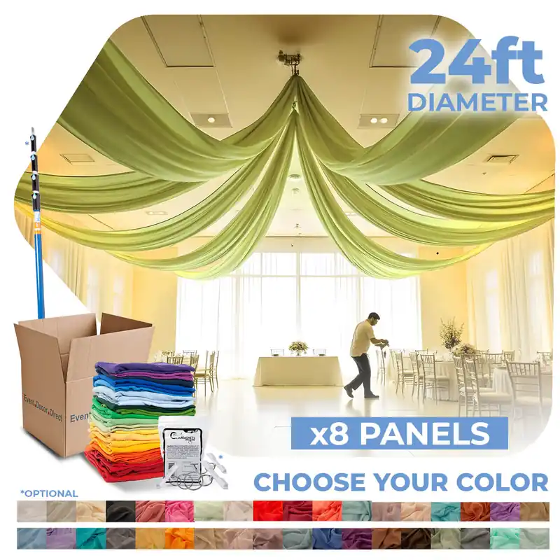 8 Panel Kit - Prefabricated Complete Ceiling Drape Kit - 24ft Diameter - Select Drop, Fabric & Color! Fresh Stock