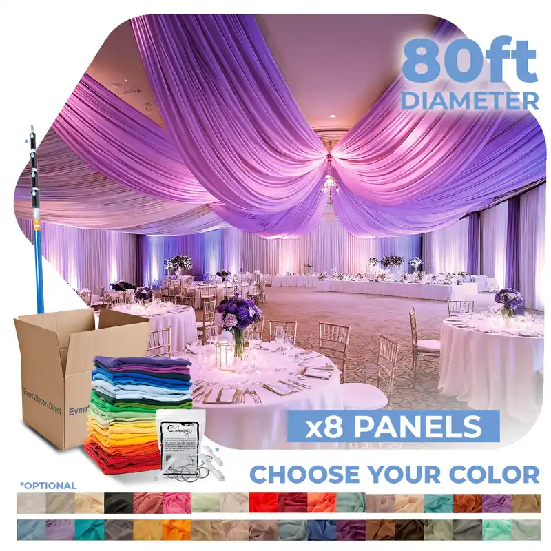 8 Panel Kit - Prefabricated Complete Ceiling Drape Kit - 80ft Diameter - Select Drop, Fabric & Color! Low Price