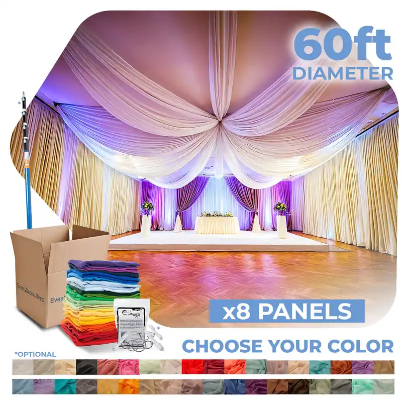 8 Panel Kit - Prefabricated Complete Ceiling Drape Kit - 60ft Diameter - Select Drop, Fabric & Color! Best Price