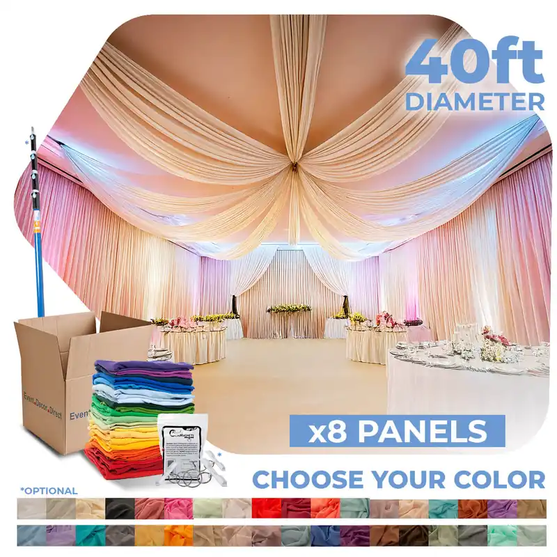 8 Panel Kit - Prefabricated Complete Ceiling Drape Kit - 40ft Diameter - Select Drop, Fabric & Color! Seasonal Sale