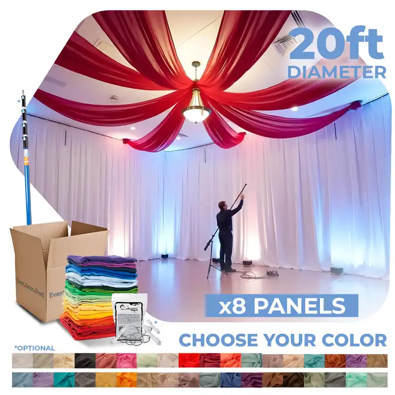 8 Panel Kit - Prefabricated Complete Ceiling Drape Kit - 20ft Diameter - Select Drop, Fabric & Color! Seasonal Sale