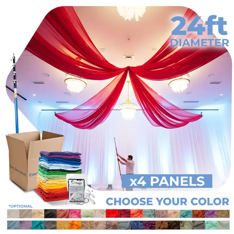 Shop Now 4 Panel Kit - Prefabricated Complete Ceiling Drape Kit - 24ft Diameter - Select Drop, Fabric & Color!