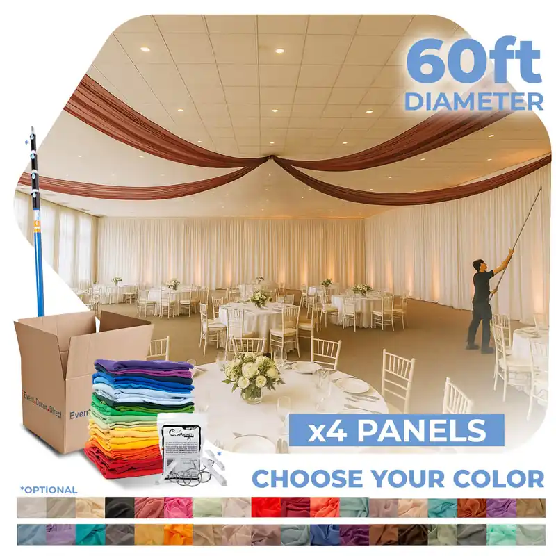 4 Panel Kit - Prefabricated Complete Ceiling Drape Kit - 60ft Diameter - Select Drop, Fabric & Color! Special Offer