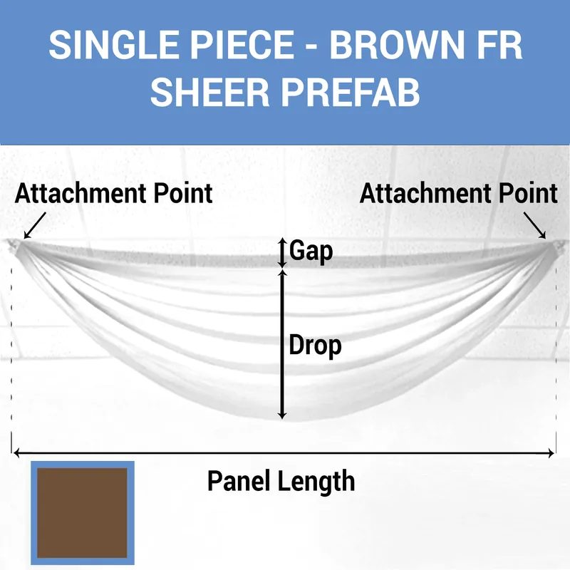 Single Piece -Brown FR Sheer Prefabricated Ceiling Drape Panel - Choose Length and Drop! Fresh Stock