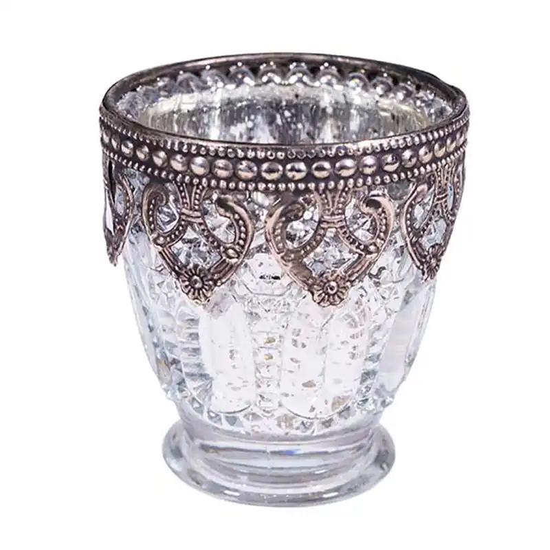 Get Yours DecoStar™ Silver Mercury Votive/Candle Holder on Small Pedestal w/ Metal Rim - 3.15" Tall - 6 Pack!