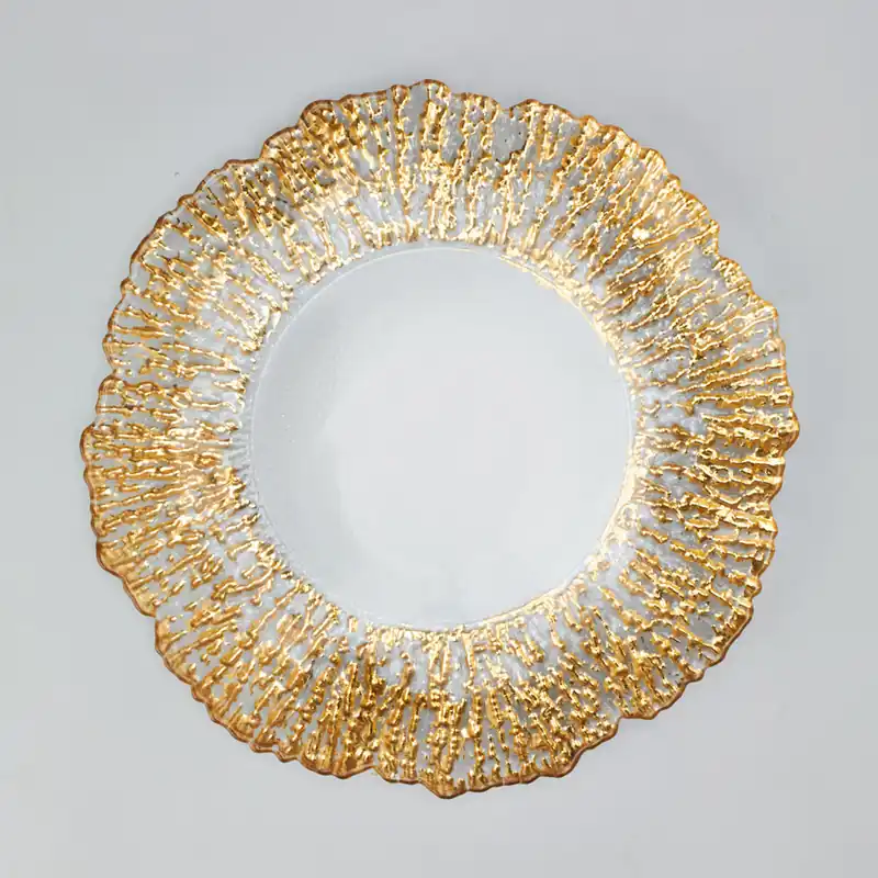 Decostar™ Glass Reef Charger Plate 13" - 8 Pack - Clear w/ Gold Rim Final Sale
