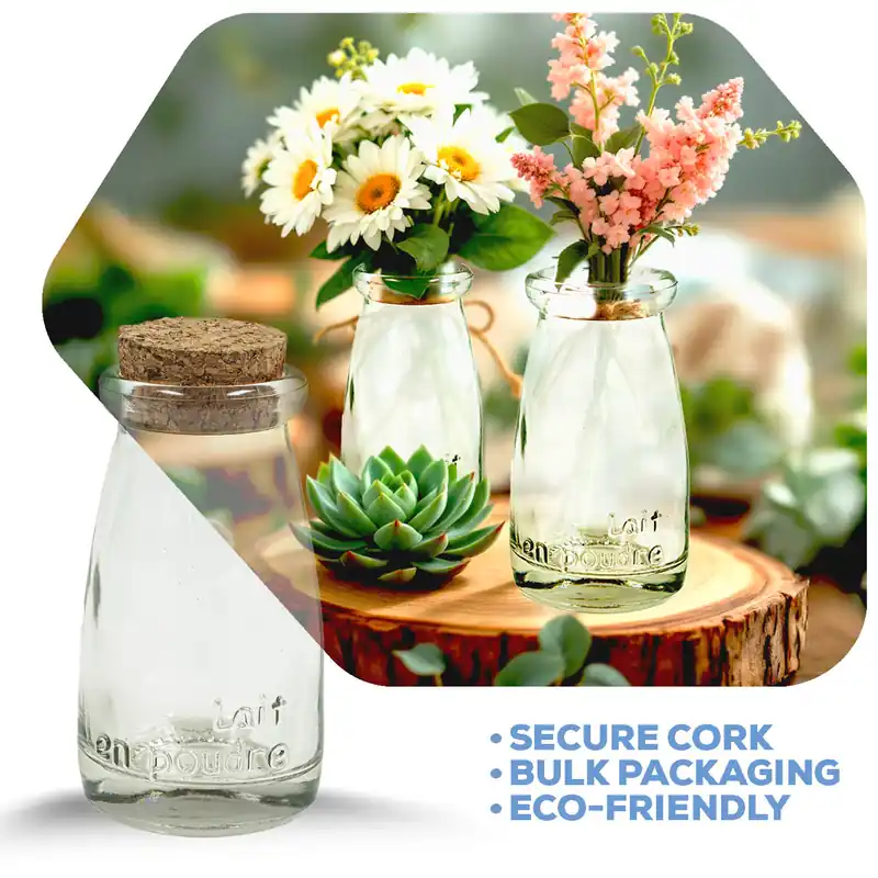 Decostar™ Glass Milk Bottle with Cork 4 1/8" - 96 Pieces Same Day Shipping