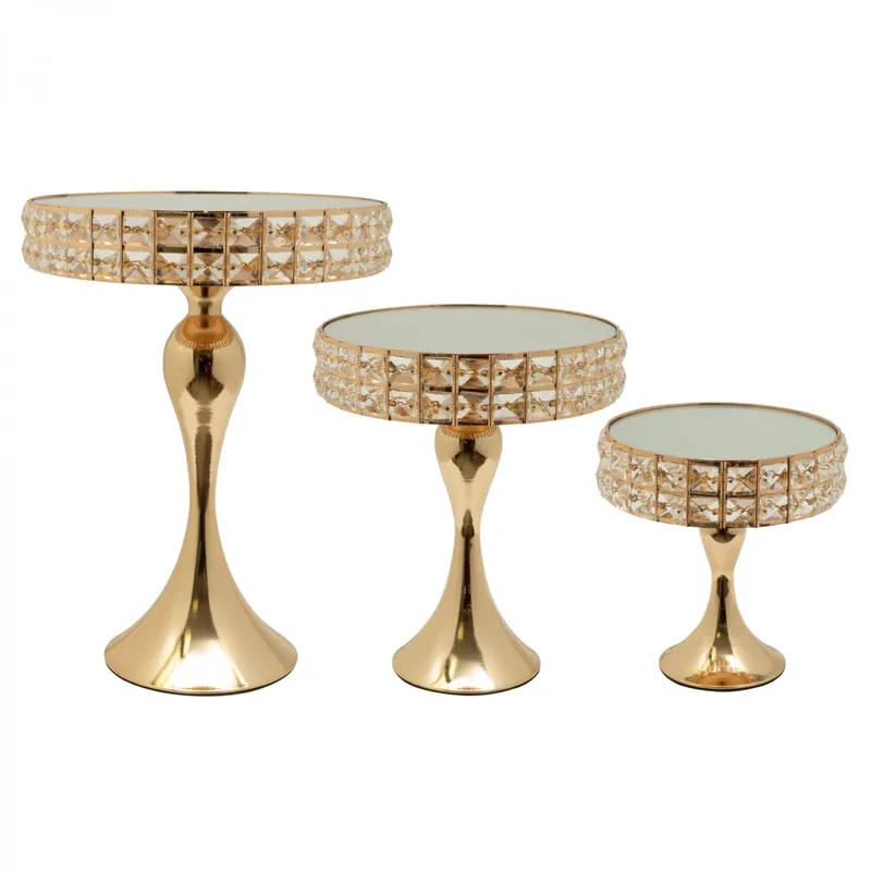 Last Chance Decostar™ Metal Round Crystal Embellished Cake Stand With Mirror Top 3pc/set - Gold