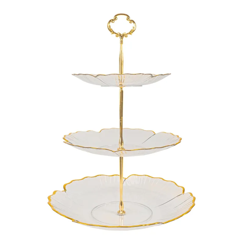 Latest Decostar™ Plastic Cake Stand 3 Tier with Gold Rim - Clear
