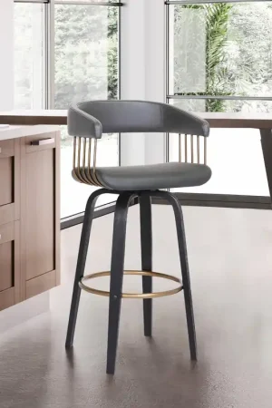 Topanga 30.5" Swivel Black Wood Bar Stool in Grey Faux Leather with Go Hassle-Free Returns