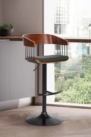 Larisa Adjustable Walnut Wood Bar Stool in Black Faux Leather with Bla Free Shipping