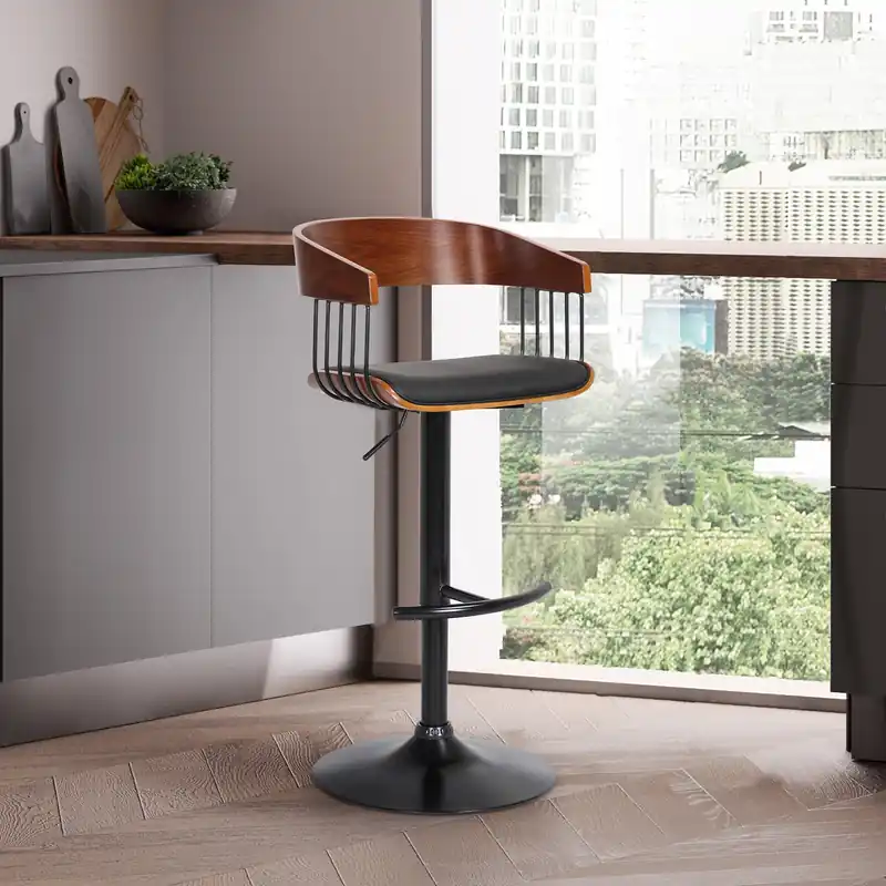Larisa Adjustable Walnut Wood Bar Stool in Black Faux Leather with Bla Free Shipping