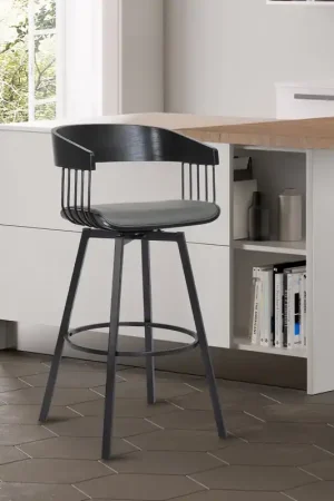 Athena 31" Swivel Black Wood Bar Stool in Grey Faux Leather with Black Buy Direct