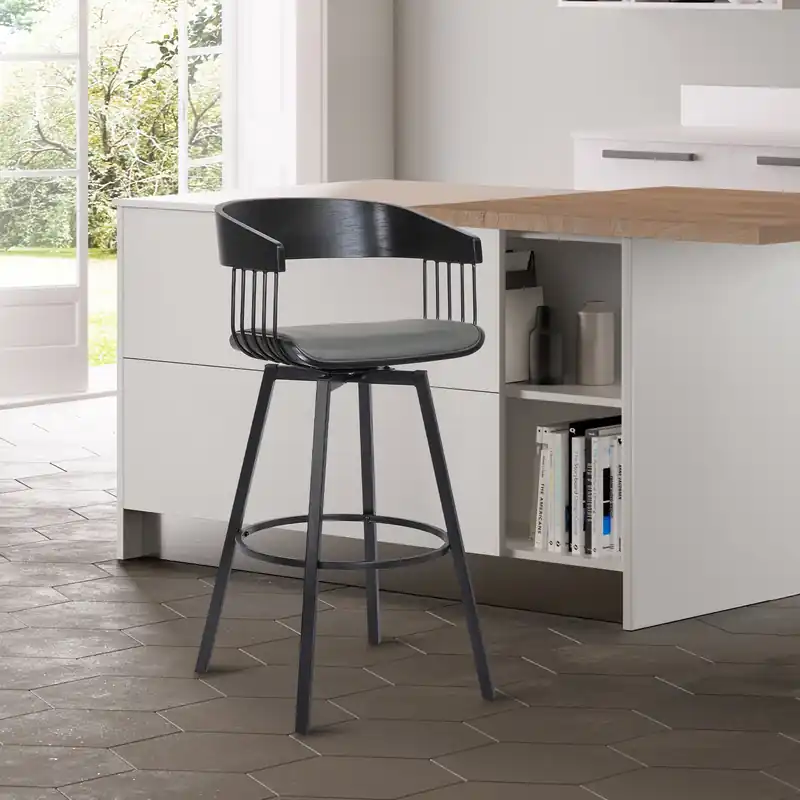 Athena 31" Swivel Black Wood Bar Stool in Grey Faux Leather with Black Buy Direct