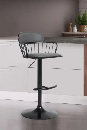 Nash Adjustable Black Wood Bar Stool in Grey Faux Leather with Black M Popular