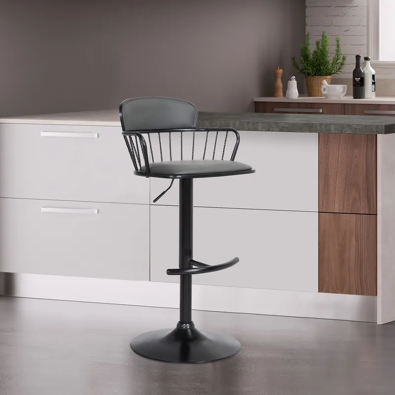 Nash Adjustable Black Wood Bar Stool in Grey Faux Leather with Black M Popular