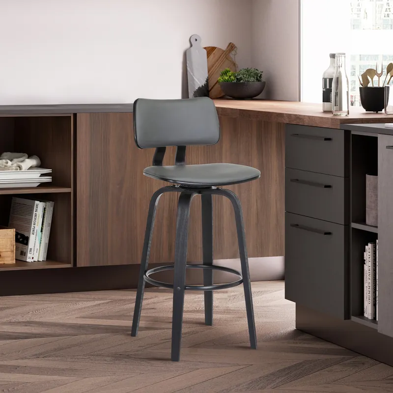 Must Have Pico 30" Swivel Black Wood Bar Stool in Grey Faux Leather with Black M