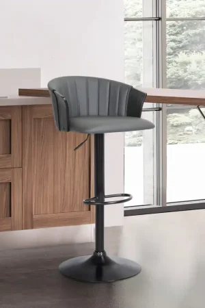 Wholesale Lydia Adjustable Black Wood Bar Stool in Grey Faux Leather with Black