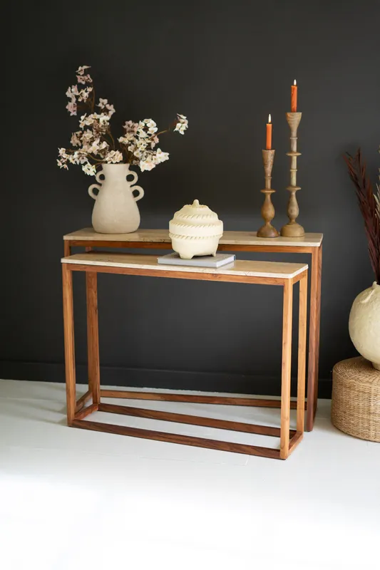 Travertine Console Tables With Wood Bases Set Of 2 By Kalalou Luxury