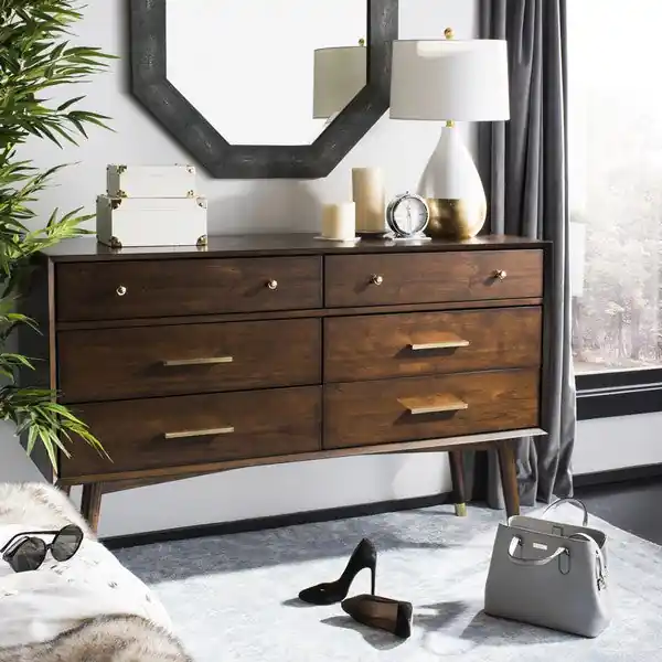 Brand New Safavieh Madden Retro Dresser - Walnut and Brass