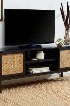 Weekend Sale Safavieh Zadie 1 Shelf Rattan Media Stand - Black With Natural Rattan