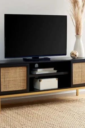 While Supplies Last Safavieh Zadie 1 Shelf Rattan Media Stand - Black With Natural Rattan