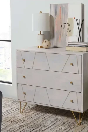 Worldwide Shipping Safavieh Marigold 3 Drawer Chest - White Wash and Brass