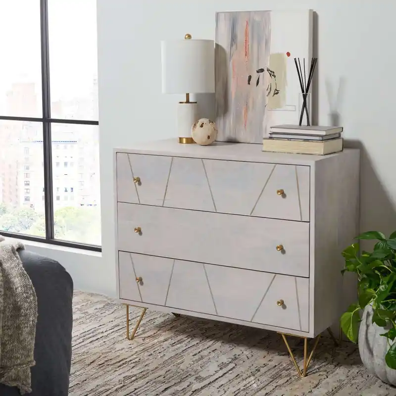 Worldwide Shipping Safavieh Marigold 3 Drawer Chest - White Wash and Brass