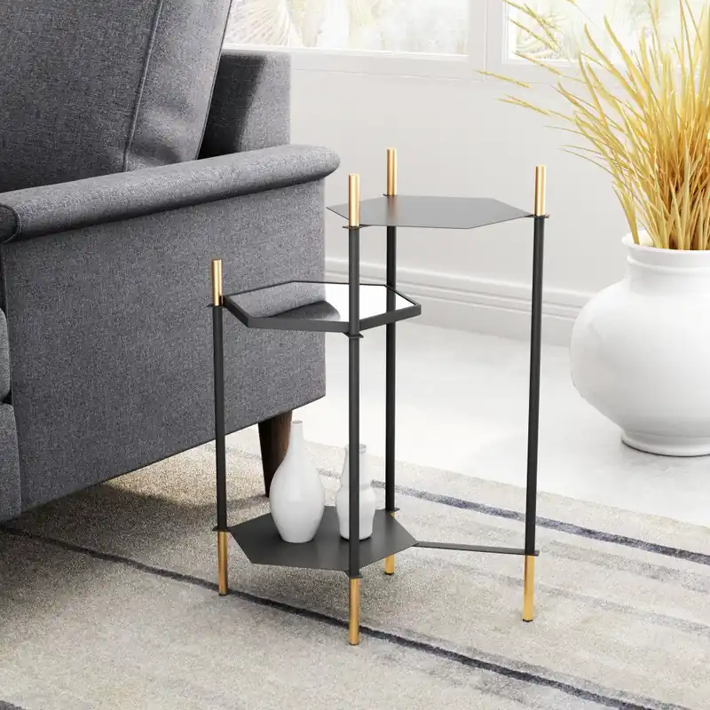 27" Gold And Black Glass End Table With Two Shelves By Homeroots High Quality
