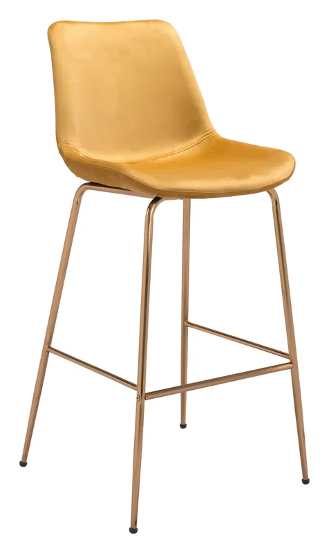 Popular 43" Yellow Velvet And Gold Steel Low Back Bar Height Chair With Footre