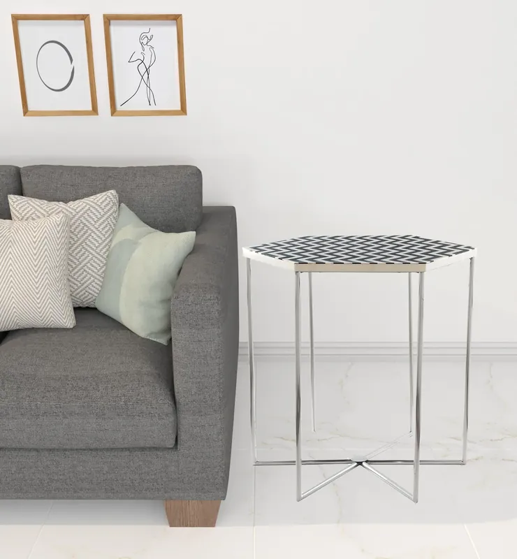 High Quality 21" Silver And Black And White Stone Hexagon End Table By Homeroots