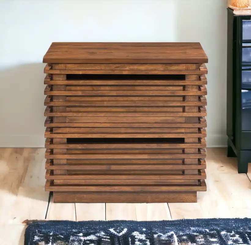 Instant Buy 22" Walnut Solid Wood Modern Slat Design End Table with Drawers By Hom