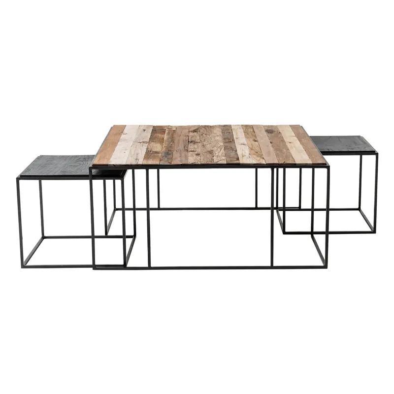 Clearance Set of Three Black and Brown Reclaimed Wood And Iron Nested Coffee Tab