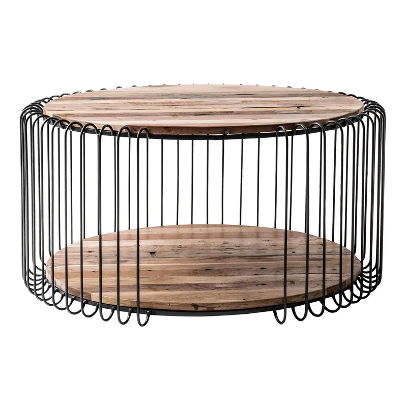 32" Black and Natural Reclaimed Wood and Iron Round Coffee Table By Ho Markdown