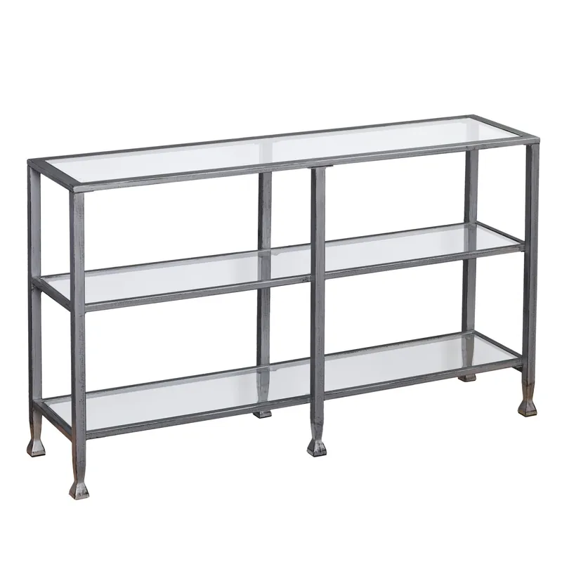 49" Clear and Silver Glass Distressed Floor Shelf Console Table With S Place Order