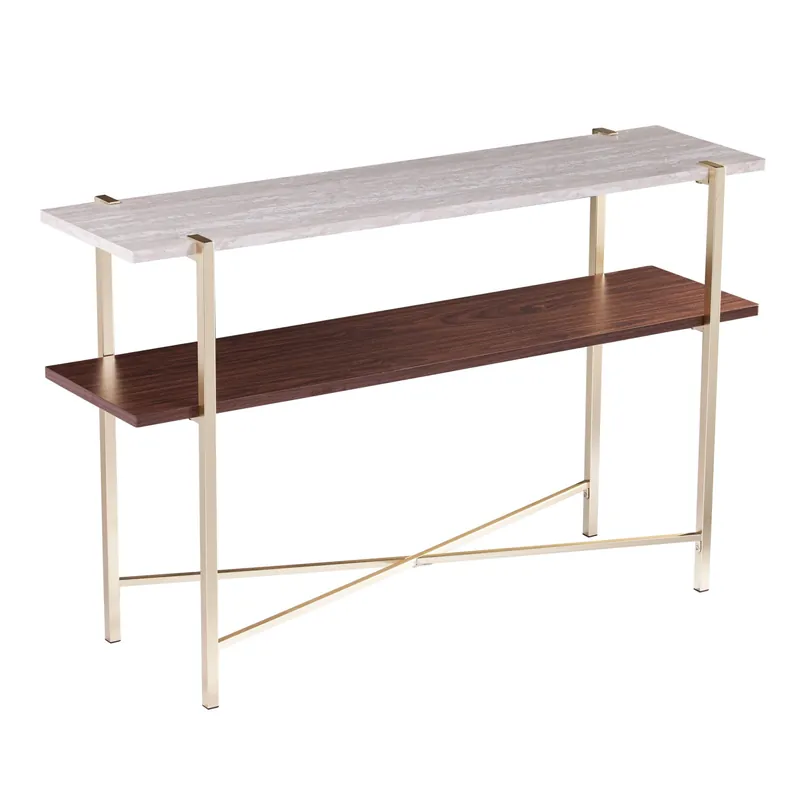 Premium 47" Beige and Gold Faux Marble Frame Console Table With Storage By Hom