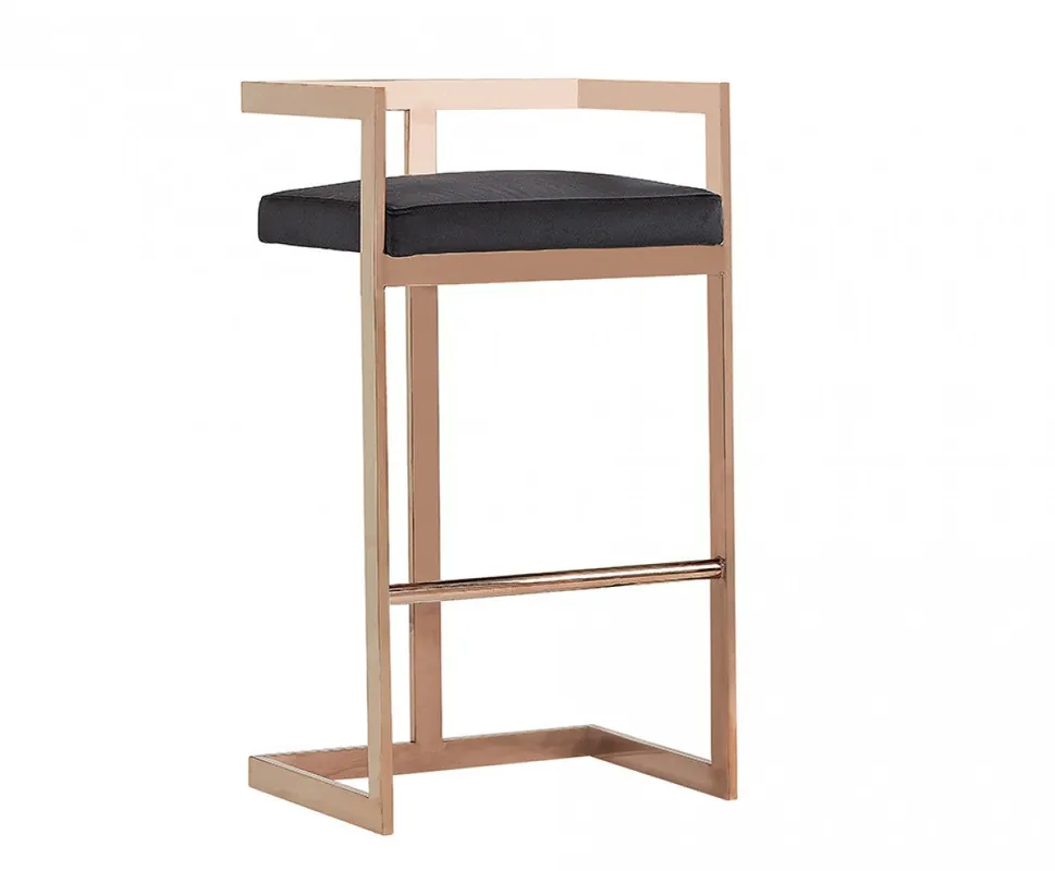 Trending 35" Black Velvet And Rosegold Low Back Bar Height Chair With Footrest