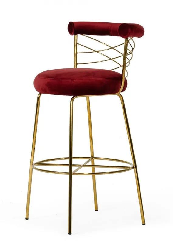 39" Red And Gold Velvet Low Back Bar Height Chair With Footrest By Hom New Arrival