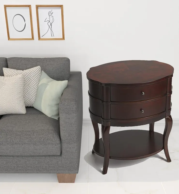 26" Dark Brown And Cherry Solid And Manufactured Wood Oval End Table W High Quality