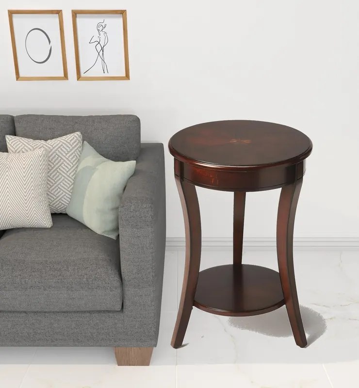 Special Discount 26" Dark Brown And Cherry Manufactured Wood Round End Table With Shelf