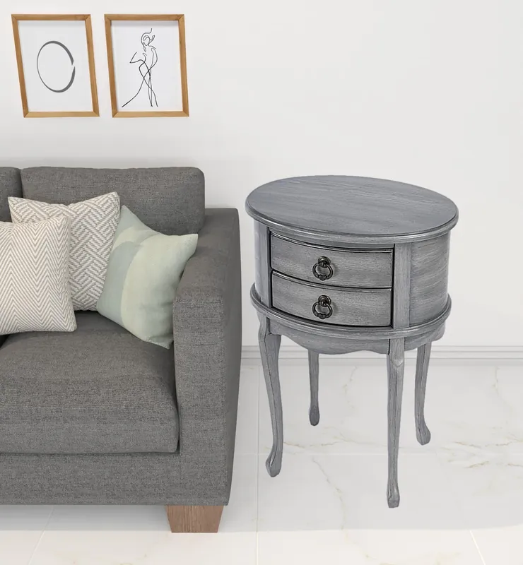 26" Grey And Gray Manufactured Wood Oval End Table With Two Drawers By High Quality