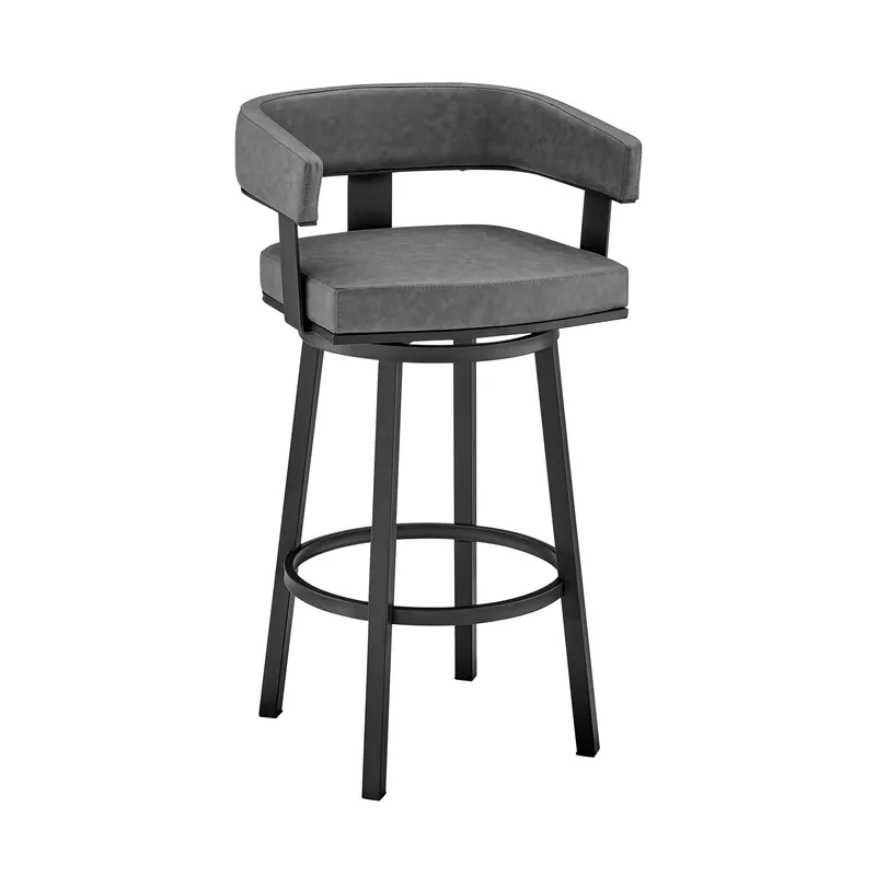 38" Gray Faux Leather And Iron Swivel Low Back Bar Height Chair By Hom Super Sale