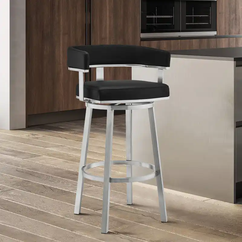 Hot Picks 34" Black Faux Leather And Silver Swivel Low Back Counter Height Bar C