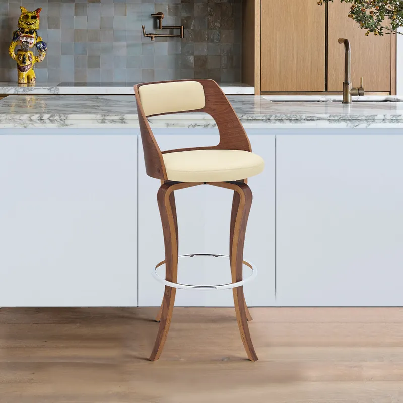 No Minimum Order 35" Cream And Brown Faux Leather Swivel Counter Height Bar Chair With