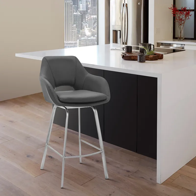 Must Have 30" Gray on Stainless Faux Leather Comfy Swivel Bar Stool By Homeroots