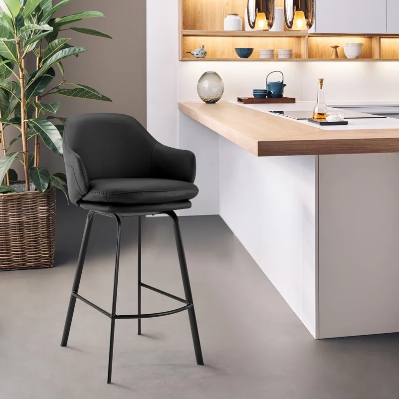 Fan Favorite 30" Black Faux Leather and Black Metal Swivel Bar Stool By Homeroots