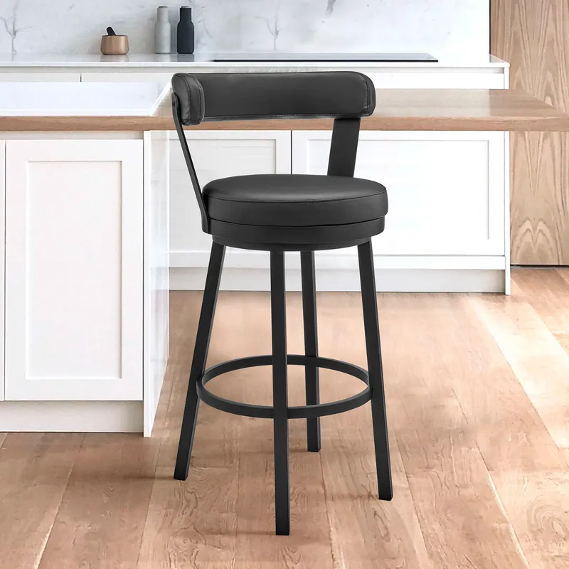 Buy Online 26" Chic Black Faux Leather with Black Finish Swivel Bar Stool By Home
